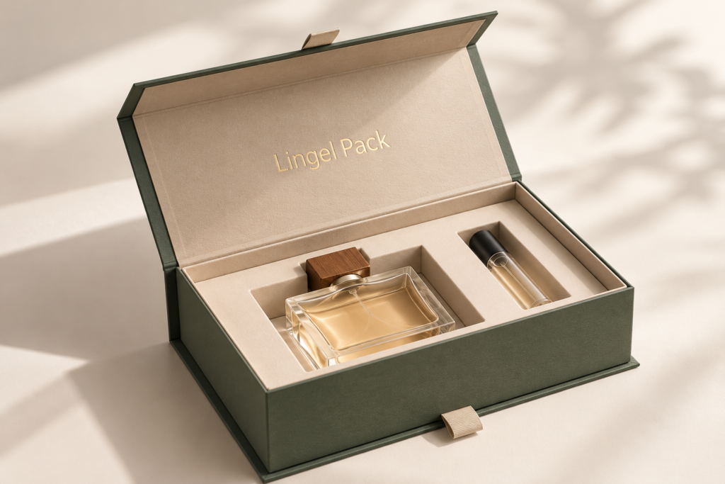 Custom collapsible rigid box with magnetic closure and fitted insert for premium packaging by Lingel Pack
