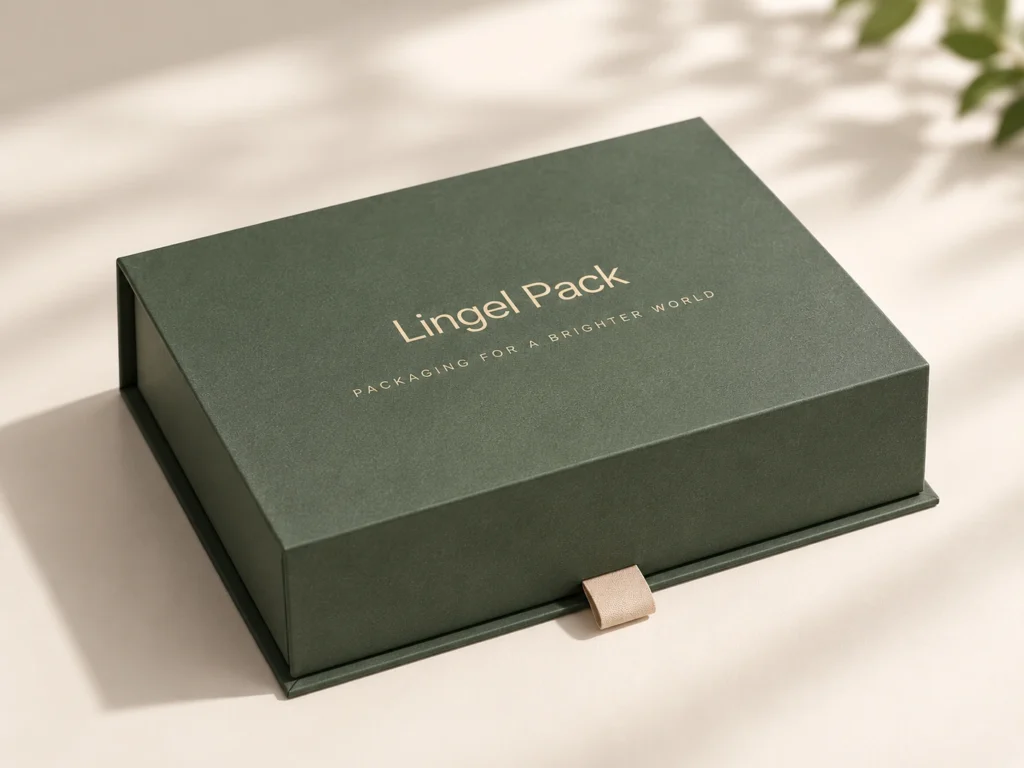 Finished collapsible rigid box with gold Lingel Pack branding