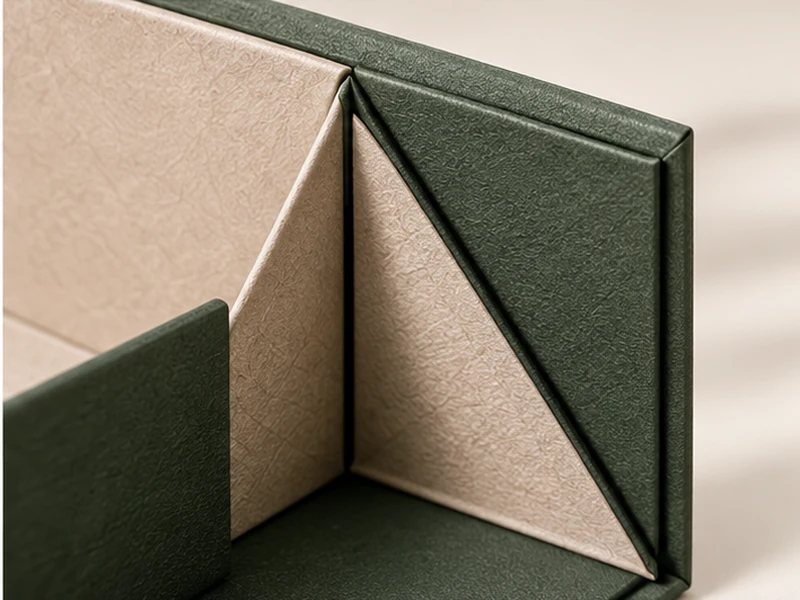 Close-up of collapsible rigid box folding structure and reinforced corner
