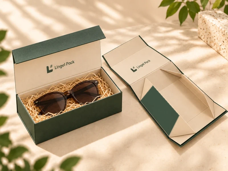 Custom collapsible rigid eyewear box with sunglasses and raffia filling, shown assembled and unfolded with green folding panels.