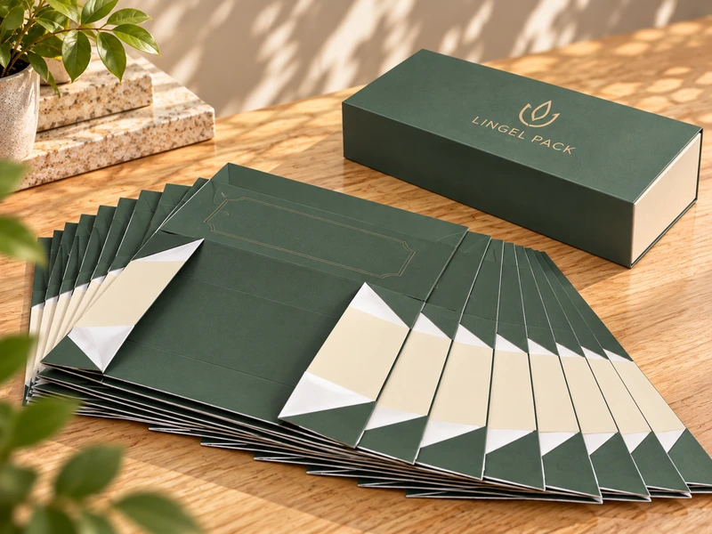 Flat-packed collapsible rigid box panels with finished Lingel Pack green box showing space-saving packaging structure