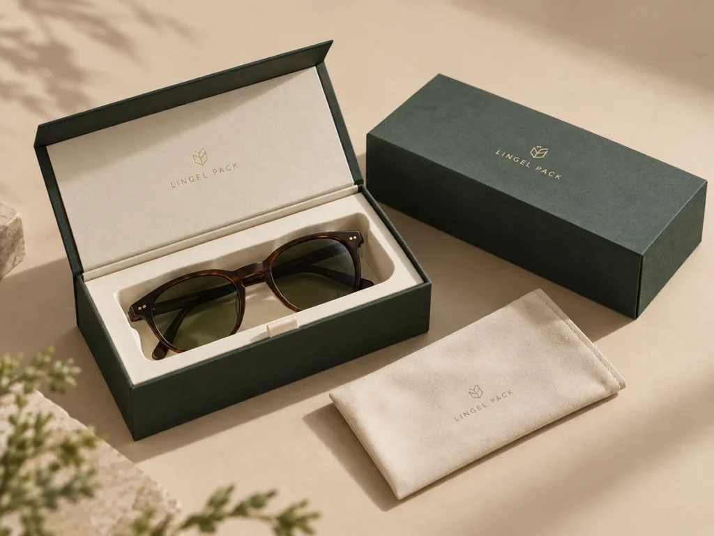 Custom eyewear packaging with green rigid paperboard sunglasses box, fitted insert and branded pouch