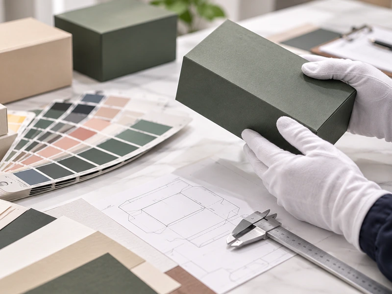 Packaging quality inspection with rigid box sample, color swatches and production checking tools