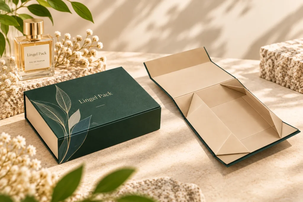 Custom collapsible rigid perfume packaging showing assembled luxury gift box, flat-fold structure and fragrance bottle by Lingel Pack.