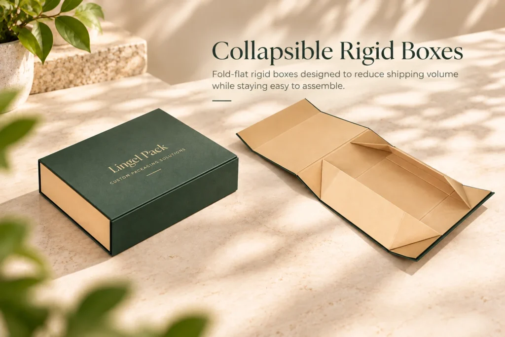 Custom collapsible rigid packaging box shown assembled and unfolded, featuring a premium green finish and fold-flat design by Lingel Pack.