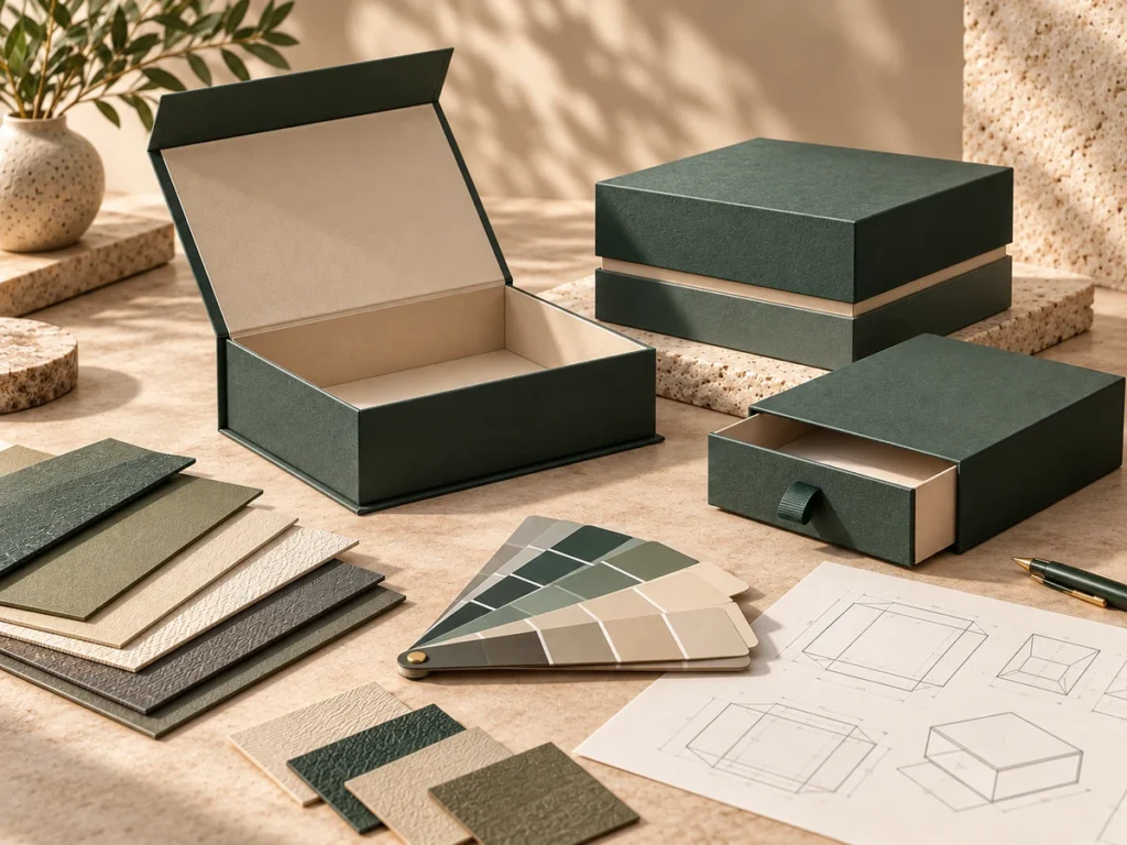 Custom rigid packaging boxes with paper material swatches, color samples and packaging design drawings