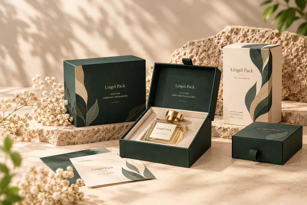 Custom luxury perfume packaging with rigid gift boxes, protective inserts and branded paper cartons by Lingel Pack