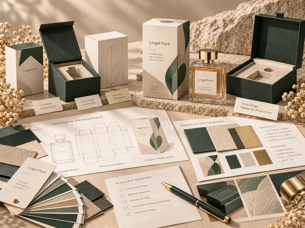 Perfume packaging design workflow with paperboard samples, structural drawings and box prototypes