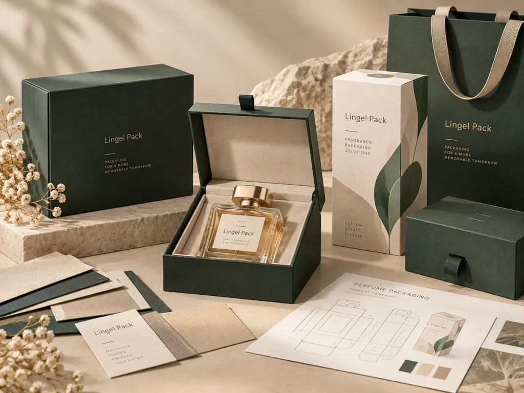 Custom perfume packaging with a green rigid presentation box, fragrance bottle, folding carton and paper samples