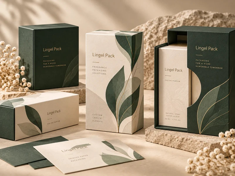 Custom printed perfume folding cartons and paperboard sleeves in green and ivory Title: Printed Paper Packaging for Perfume