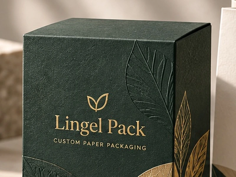 Gold foil stamping and embossed details on dark green paper packaging