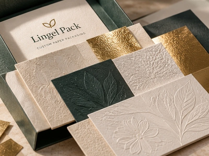 Paper, foil and embossed packaging finish samples for custom packaging