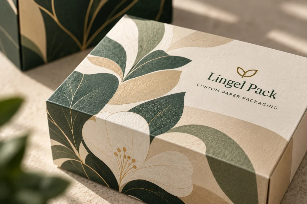 Close-up of custom printed paper packaging with detailed botanical graphics