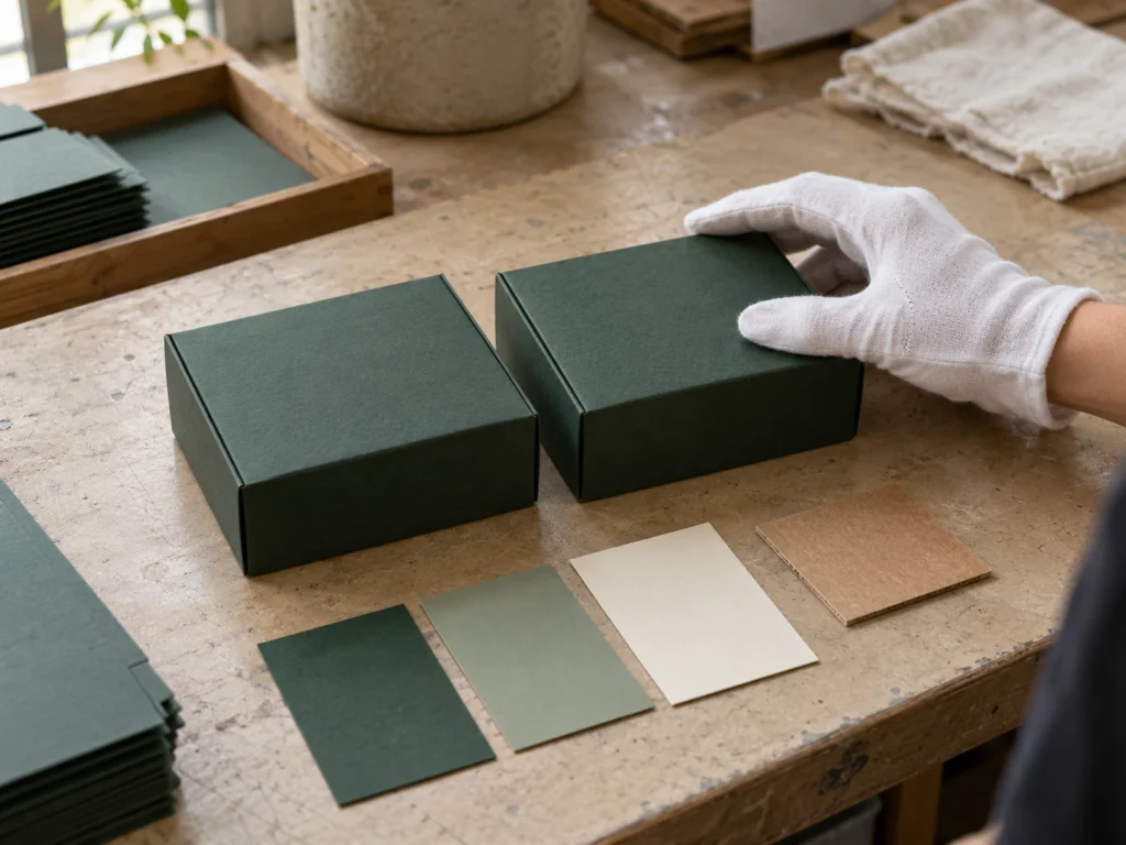 Packaging sample confirmation with color swatches, materials and printed reference