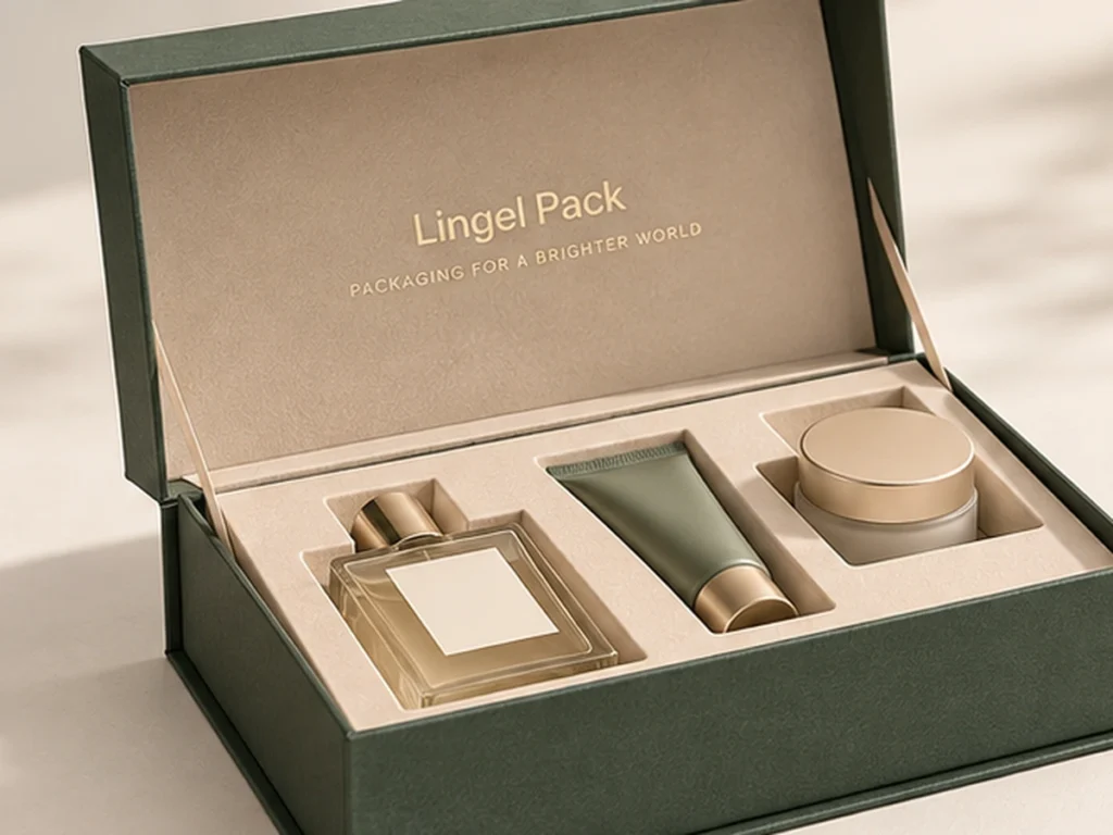 Custom rigid box with gold Lingel Pack branding and fitted cosmetic insert