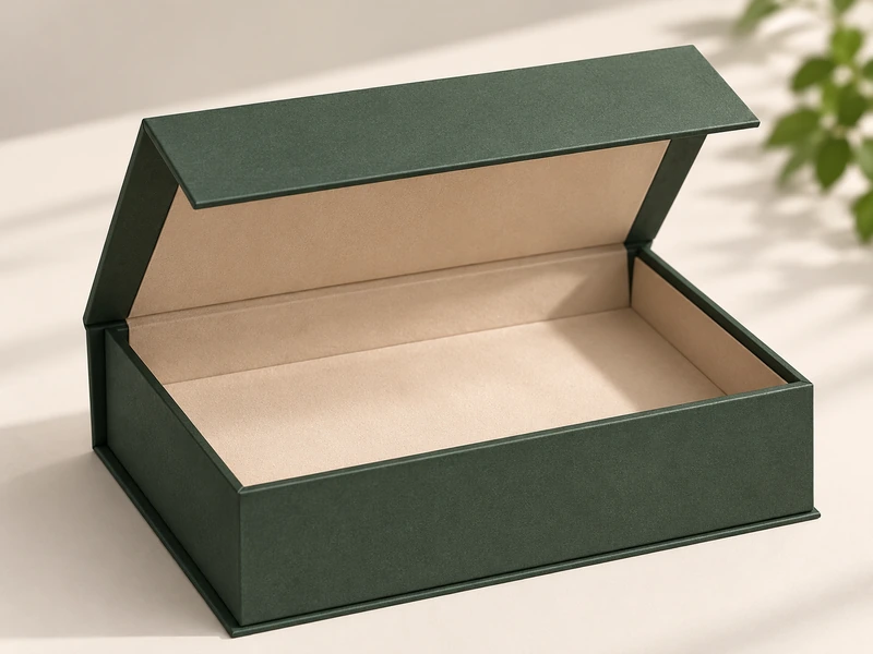 Open magnetic closure rigid box with premium wrapped paper finish