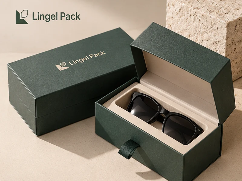 Rigid green paperboard eyewear gift box with fitted insert for sunglasses