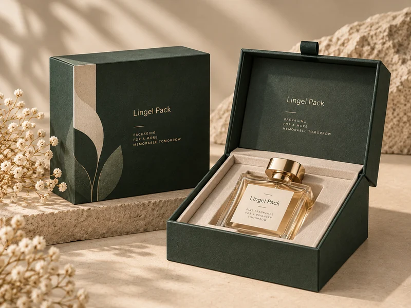 Open dark green rigid perfume gift box with fitted insert holding a glass fragrance bottle